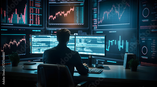 Man working in professional trading screens with financial data at a trading office in futuristic style computer or PC