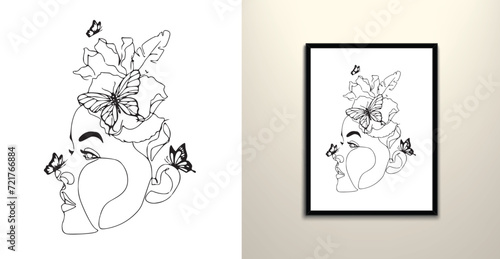 Woman faces with floral and leave line art drawing