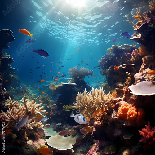 Underwater coral garden teeming with marine life.