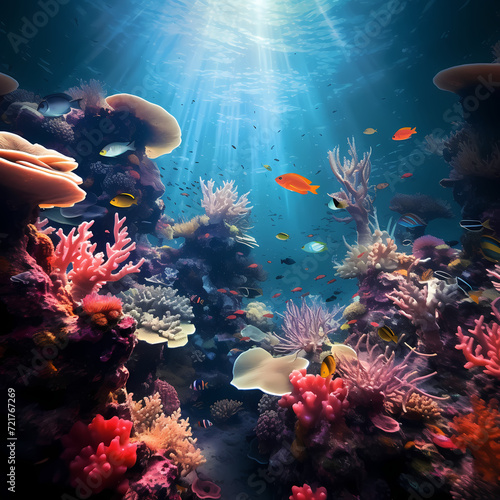 Underwater coral garden teeming with marine life.