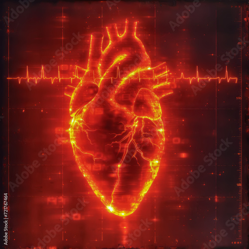 Fiery digital illustration of a human heart with an overlay of a heartbeat graph,AI generated