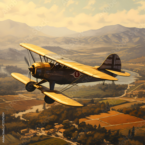 Vintage biplane flying over a countryside.