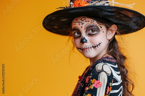 Cheerful young child in a skeleton costume with playful face painting, celebrating Halloween against a vibrant yellow background.