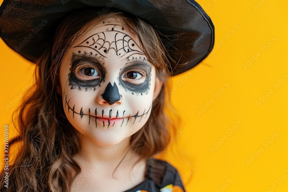 Cheerful young child in a skeleton costume with playful face painting, celebrating Halloween against a vibrant yellow background. Cheerful young child in a skeleton costume with playful face painting, celebrating Halloween against a vibrant yellow background.