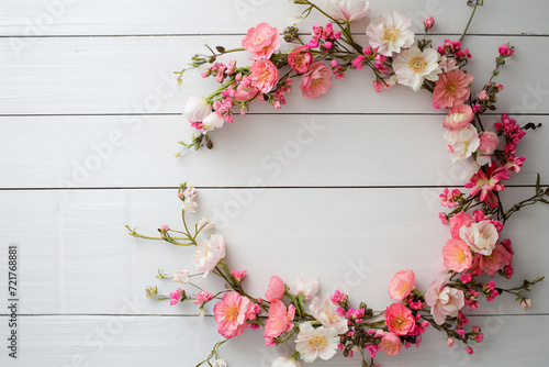 A spring flower wreath on white wooden background. Women day or mother day holiday concept