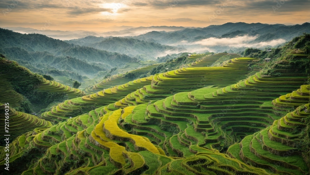 Sunset Glow Over Mountain Rice Terraces in the Picturesque Countryside, Embracing Nature's Beauty and Agricultural Riches