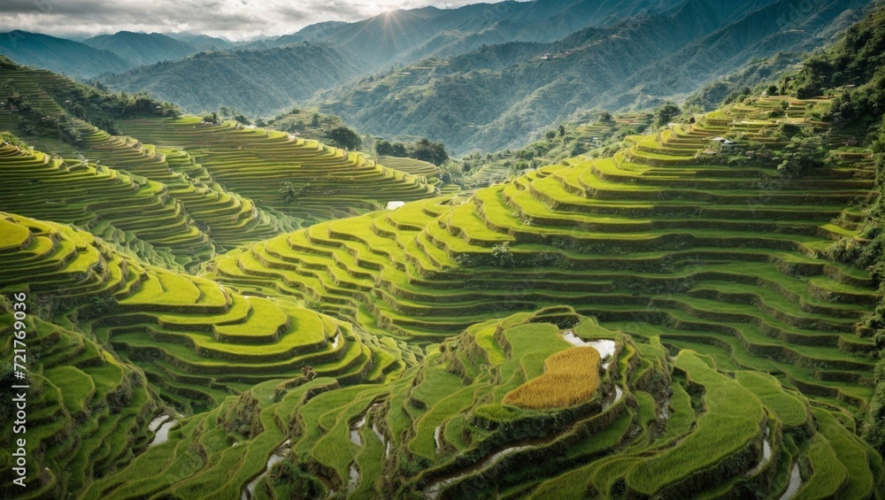 Mountainous Green Tea Plantation in Rural Asia with Rice Terraces and Scenic Landscape