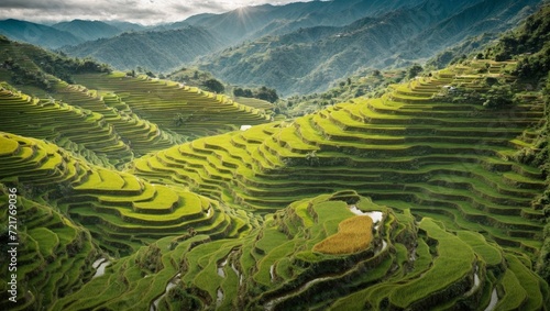 Mountainous Green Tea Plantation in Rural Asia with Rice Terraces and Scenic Landscape © Joesunt