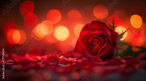Red rose on bokeh background. Romantic concept. Copy space