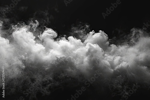 Mysterious swirls of smoke and fog abstract dance of light and dark. Background steamy haze white clouds in motion like stark. Black canvas textured air weaving magical misty art
