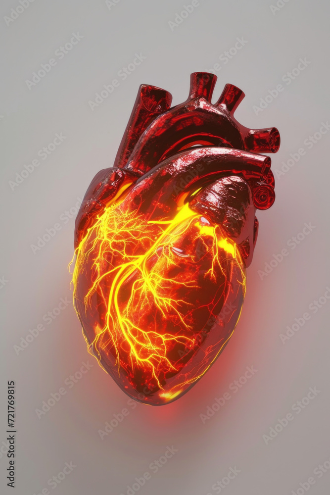 3D Model Heart with Orange Electric Pulse, Generative AI