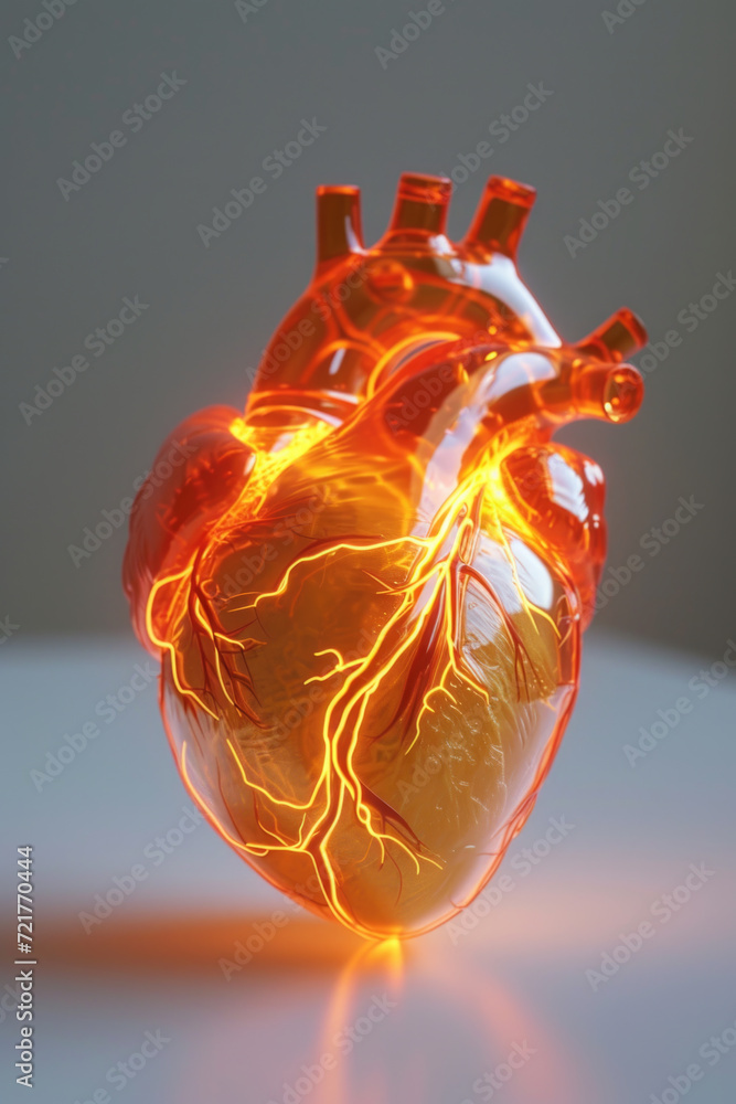 3D Model Heart with Glowing Orange Electric Pulse, Generative AI