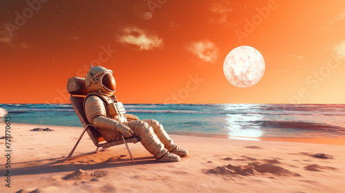 Astronaut relax on beach at the other planet abstract background. Summer vacation and adventure concept. Generative ai.. photo