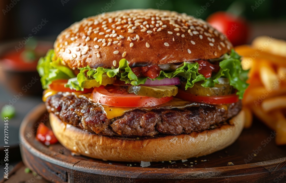 burger with tomateoes lettuce and pickles on a wooden plate burger with tomateoes lettuce and pickles on a wooden plate