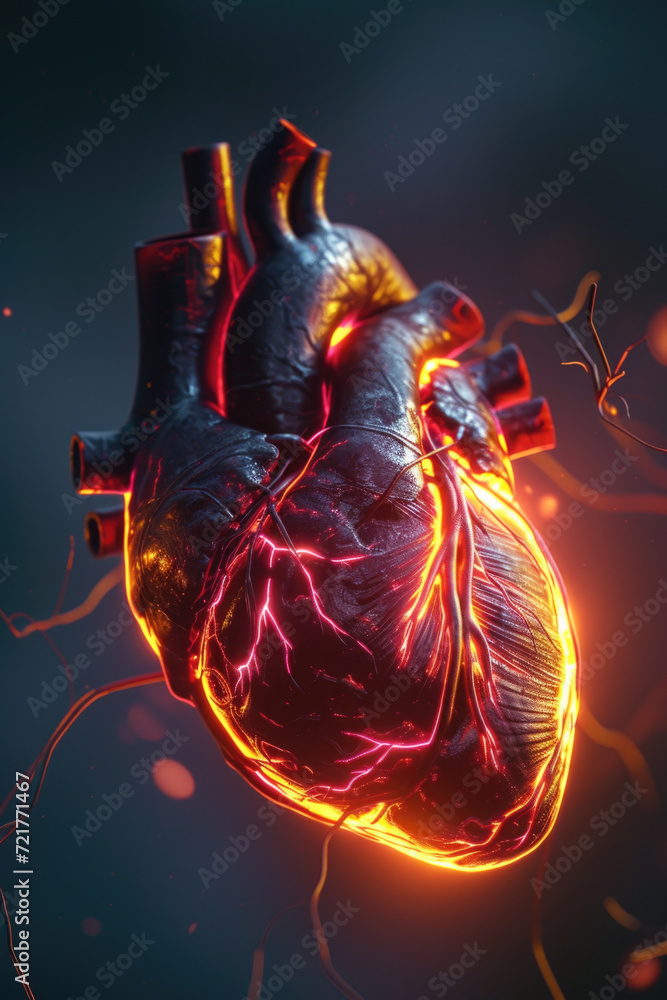 3D Model Heart with Glowing Orange Electric Pulse, Generative AI