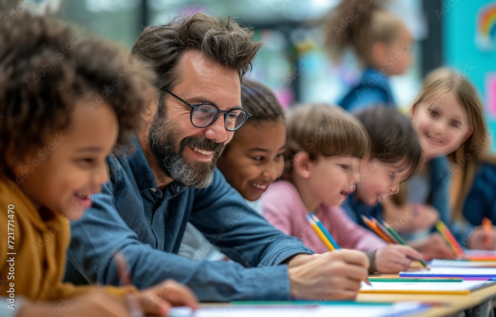 Group of primary school children learning how to draw and colour with the help of their educator. Group of primary school children learning how to draw and colour with the help of their educator.
