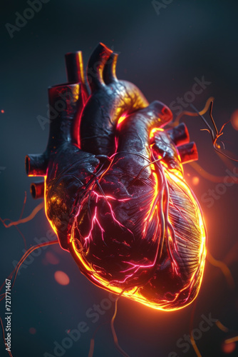 Obraz na płótnie 3D Model Heart with Glowing Orange Electric Pulse, Generative AI w salonie