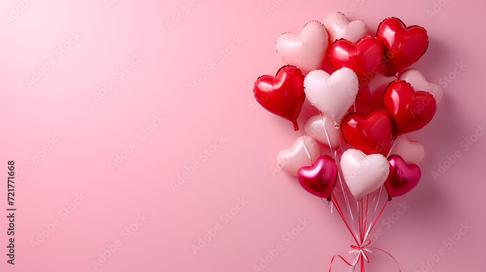 Valentine's day background with red and pink hearts like balloons on pink background, flat lay. copy space. generative ai