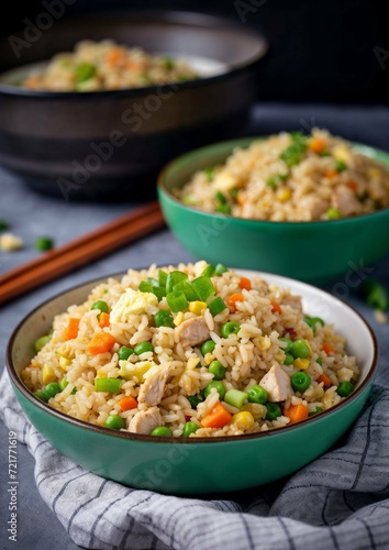 A teal bowl filled with chicken fried rice, asian food, chinese, carbs, protein, food photography, asian influence
