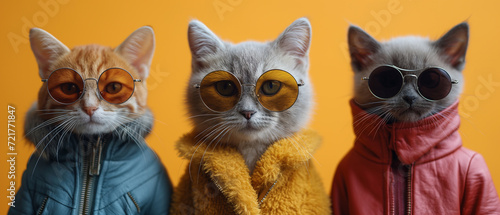 Three stylish cats dressed in sunglasses and colorful jackets against a yellow background.