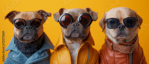 Three stylish cats dressed in sunglasses and colorful jackets against a yellow background. photo