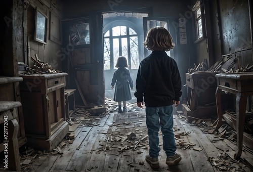a child explore a haunted house