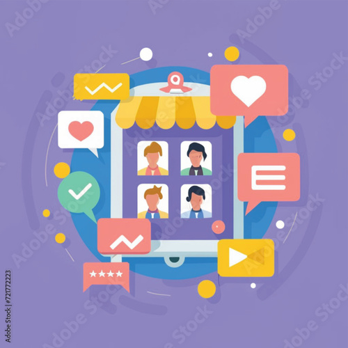 2d vector illustration colorful social media boost   influence blogger E-marketer via Internet pages marketing referral