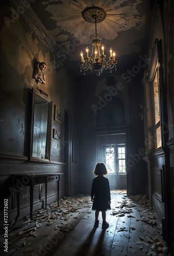 a child explore a haunted house