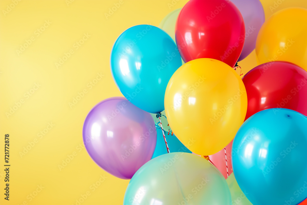 Vibrant Party Balloons Floating Against a Sunny Yellow Backdrop Vibrant Party Balloons Floating Against a Sunny Yellow Backdrop