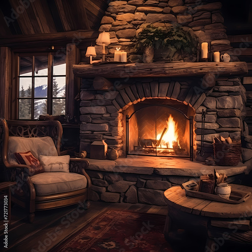 A cozy fireplace in a rustic cabin. 