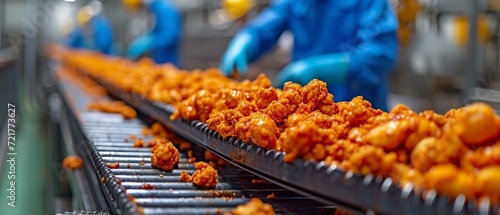 Modern poultry factories use chain conveyors to suspend chickens for the cut-up portion. photo