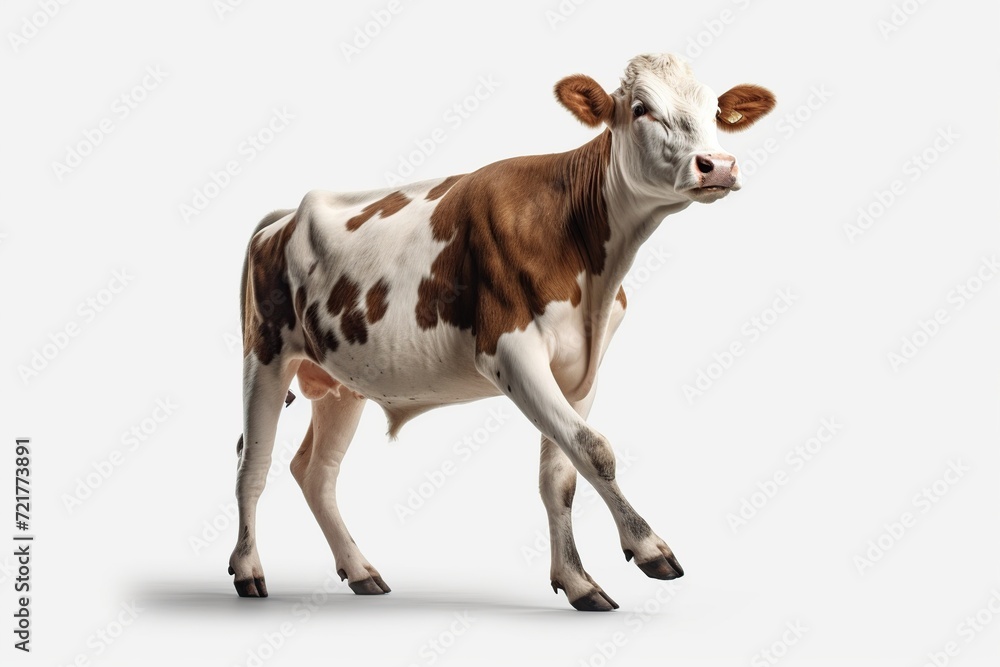 Cute brown and white cow standing isolated on white background with shadow