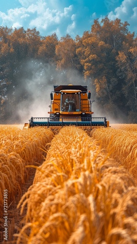 Field rice is harvested by a combine harvester.