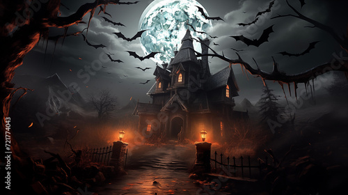 Halloween haunted house with bats and moon. H004