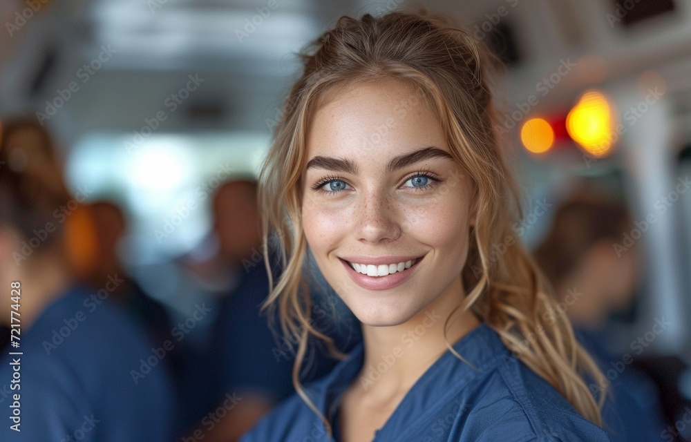 The ambulance crew is in the background, and the smiling female paramedic faces the camera.