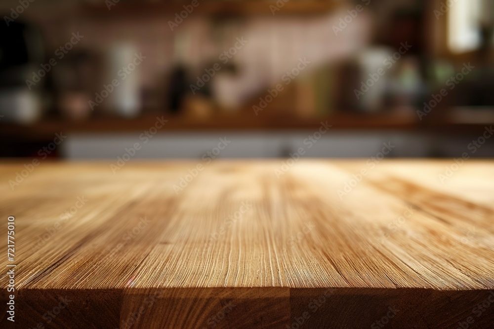 Wooden Tabletop with Blurred Kitchen Background