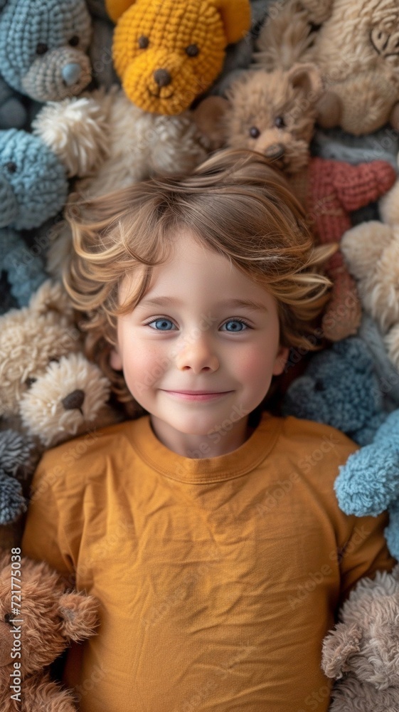 Photographed from above, a content small child is surrounded by his plush toys. Photographed from above, a content small child is surrounded by his plush toys.