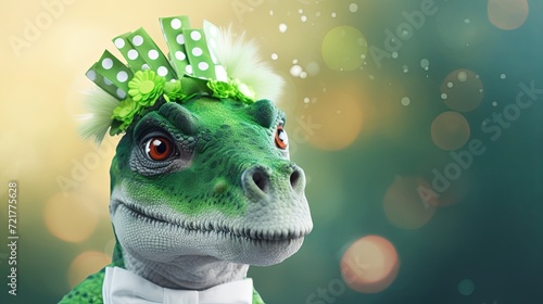 Dinosaur fashion on green background. St.Patrick’s Day. presentation. advertisement. invite invitation. copy text space. © CassiOpeiaZz