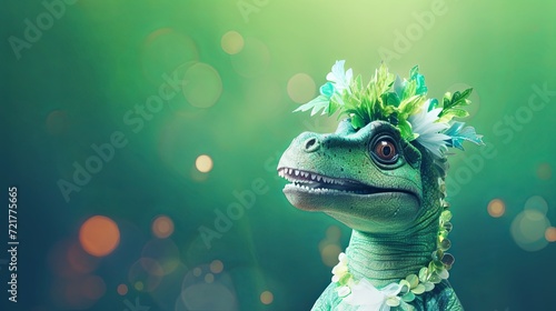 Dinosaur with flower on green background. St.Patrick’s Day. presentation. advertisement. invite invitation. copy text space. photo