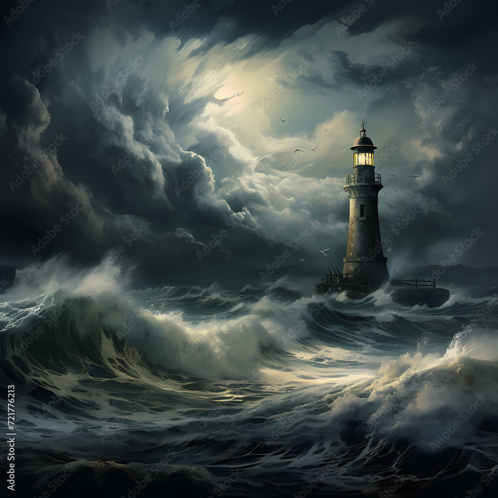A solitary lighthouse against a stormy sea. 