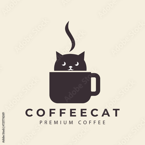 cat logo with coffee cup  pet shop  minimalist  vector icon symbol illustration design template