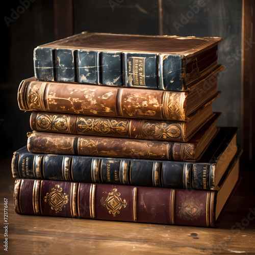 A stack of old leather-bound books.