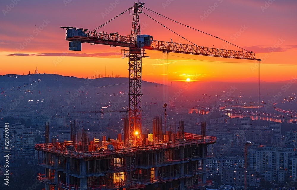 tower cranes and the building site where a city and structure are being constructed. At dusk, the tower crane calmly tower cranes and the building site where a city and structure are being constructed. At dusk, the tower crane calmly