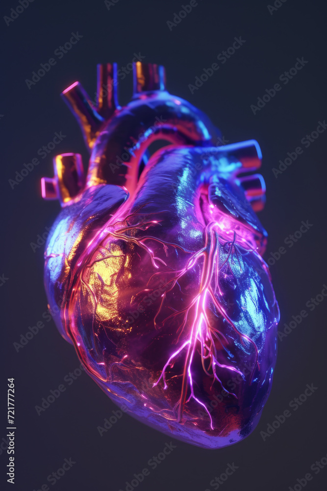 3D Heart Model with Multicolor Glow and Orange Purple Pulse, Generative AI