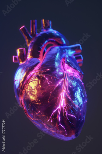 Obraz na płótnie 3D Heart Model with Multicolor Glow and Orange Purple Pulse, Generative AI w salonie