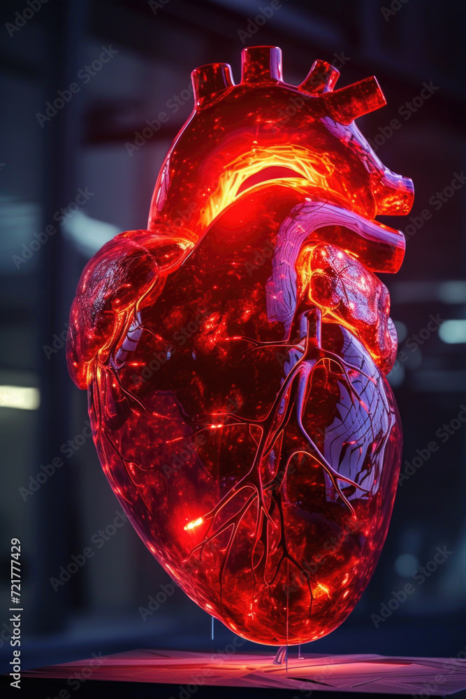 3D Model Heart with Glowing Orange Electric Pulse, Generative AI