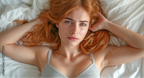 Top view of a sick young ginger redhead woman who is ill and suffering from stomach pains while lying in bed; the girl is a millennial and is having period pains.