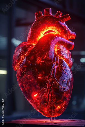 Obraz na płótnie 3D Model Heart with Glowing Orange Electric Pulse, Generative AI w salonie