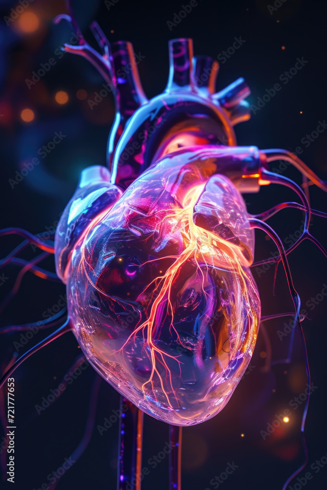 3D Heart Model with Multicolor Glow and Orange Purple Pulse, Generative AI
