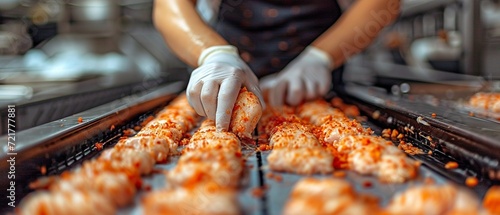 An employee retrieves chicken tenderloin from a conveyor auto-cutter.